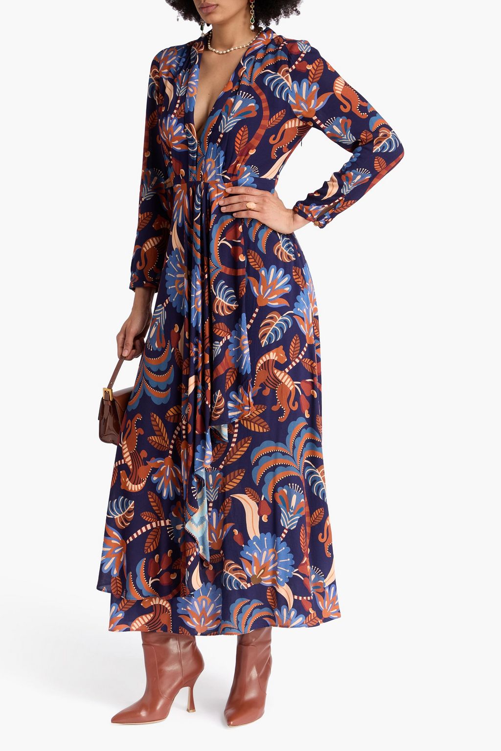 FARM RIO Draped printed crepe maxi dress