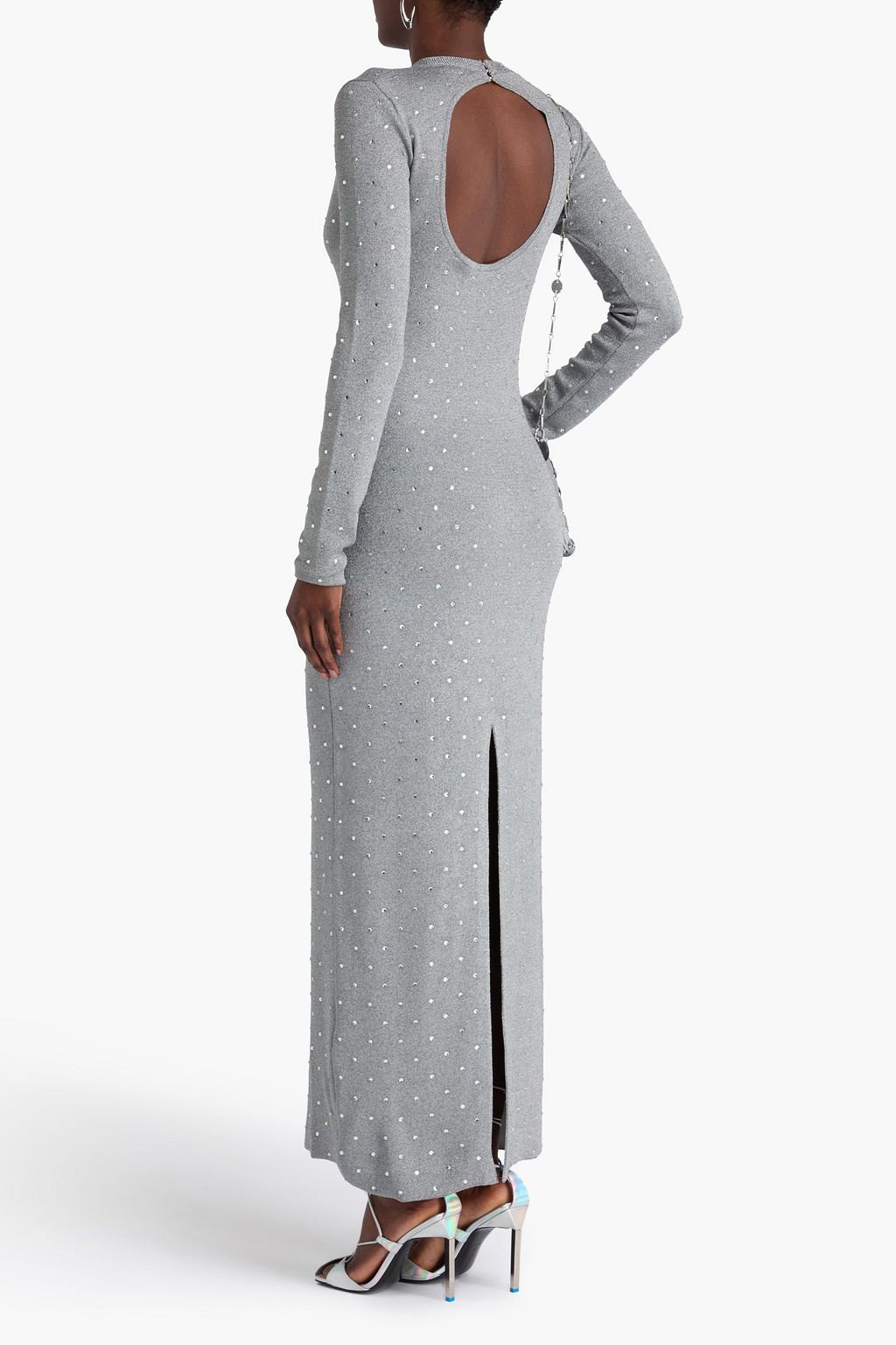 RABANNE Crystal-embellished metallic knitted maxi dress
