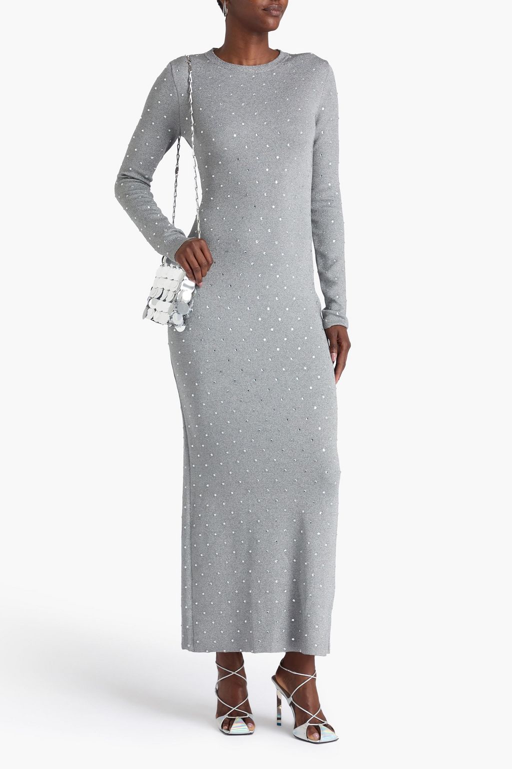 RABANNE Crystal-embellished metallic knitted maxi dress