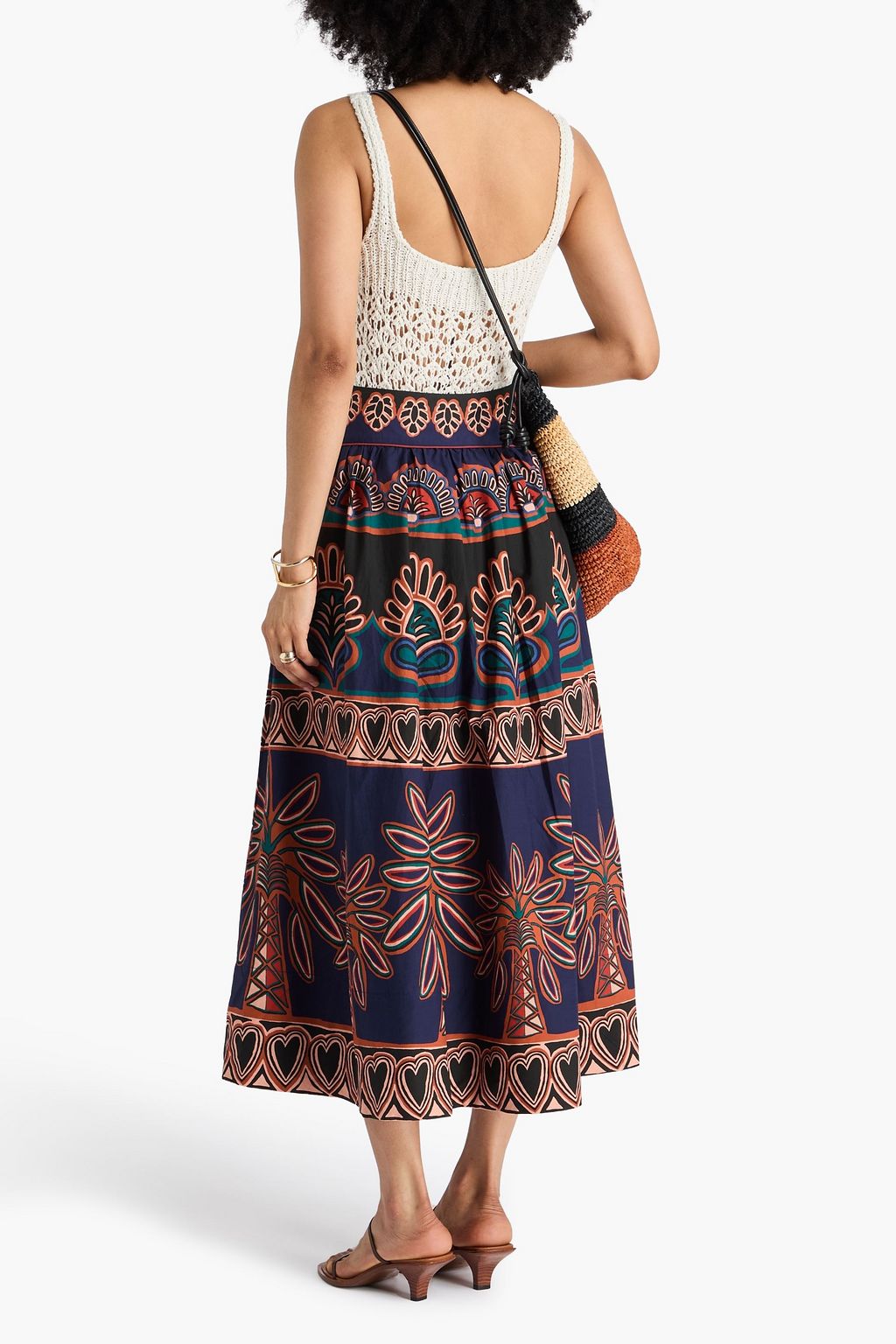 FARM RIO Gathered printed cotton-poplin midi skirt