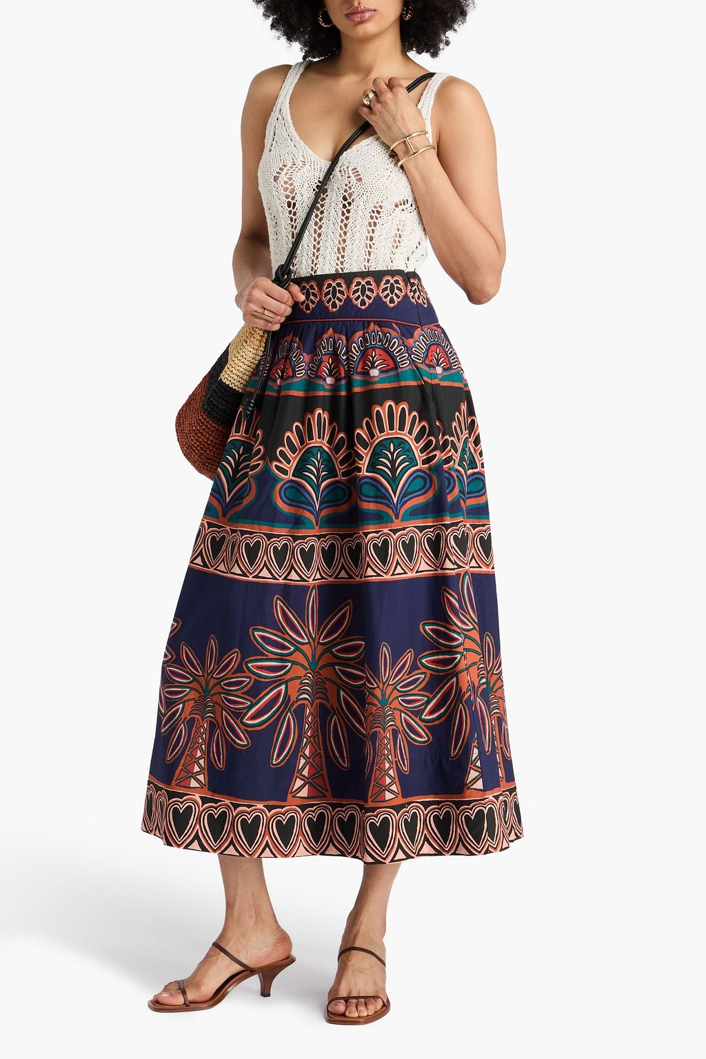 FARM RIO Gathered printed cotton-poplin midi skirt