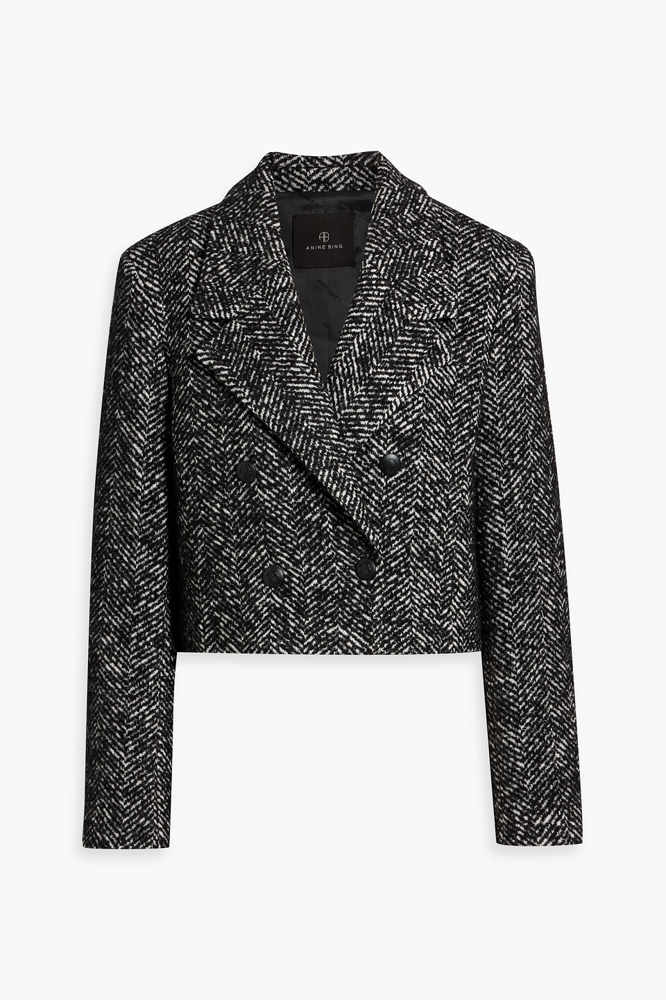 Anine Bing Vienna Herringbone Double-breasted Wool-blend Tweed Blazer In Black