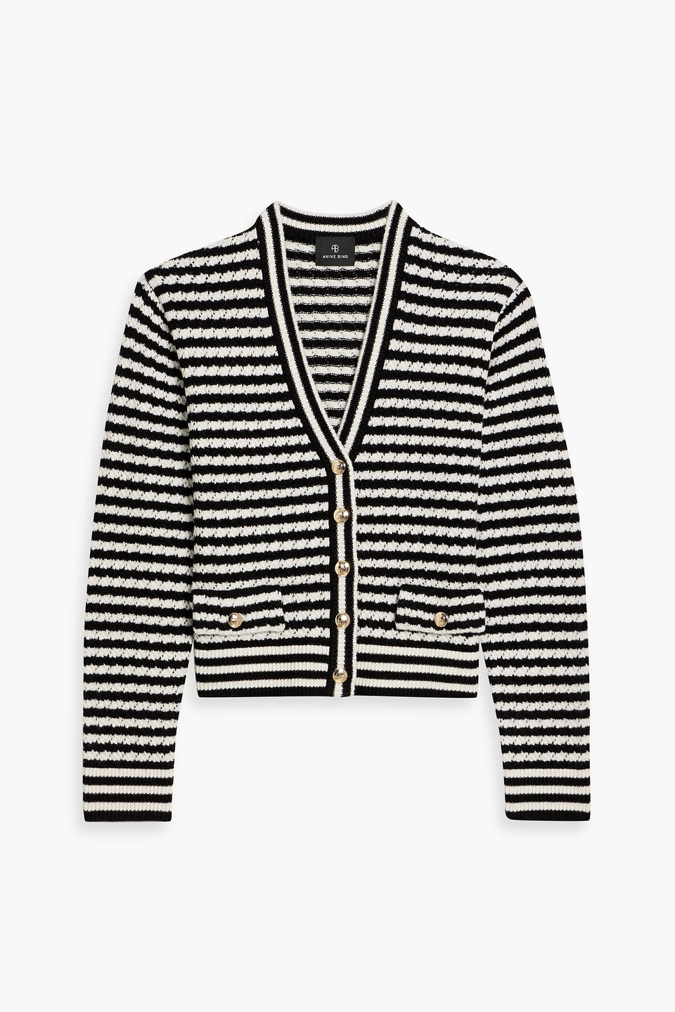 Anine Bing Gwen Striped Pointelle-knit Wool And Cashmere-blend Cardigan In Black