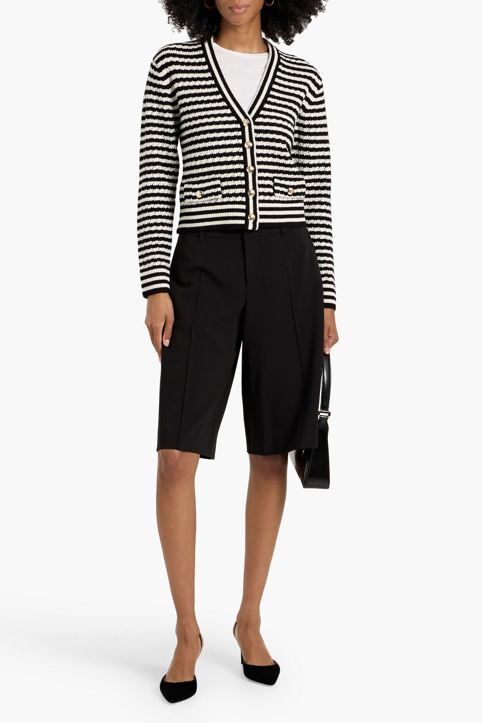 Anine Bing Gwen Striped Pointelle-knit Wool And Cashmere-blend Cardigan In Black