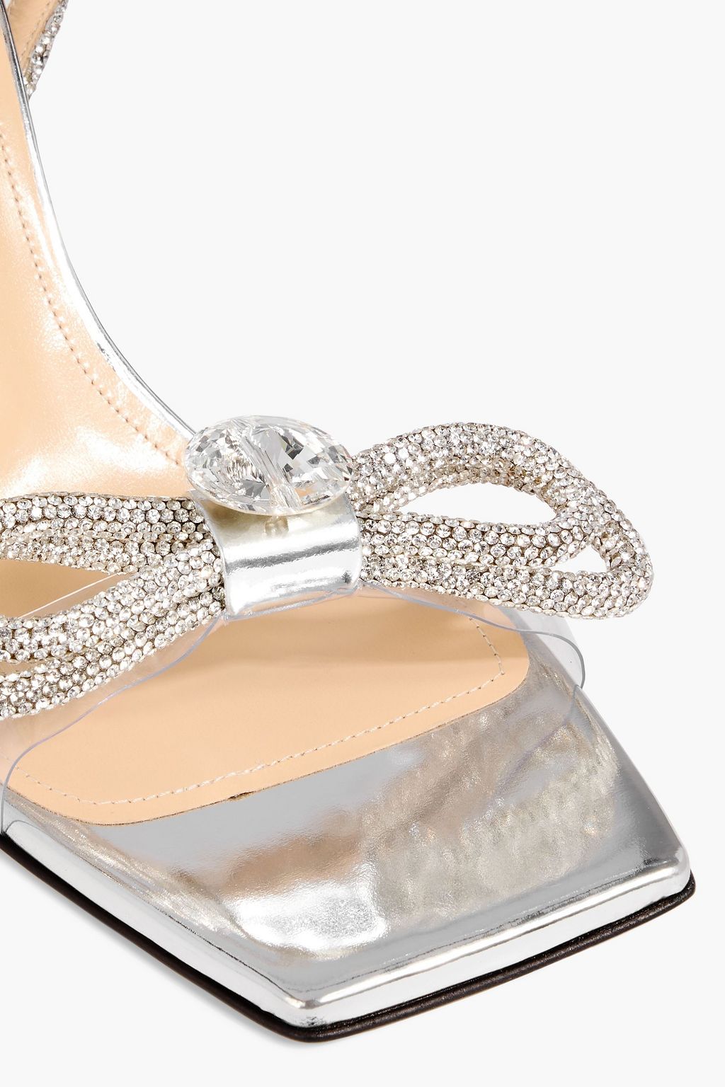MACH & MACH Sandalen „Double Bow“ aus PVC und verspiegeltem Leder mit Kristallverzierung