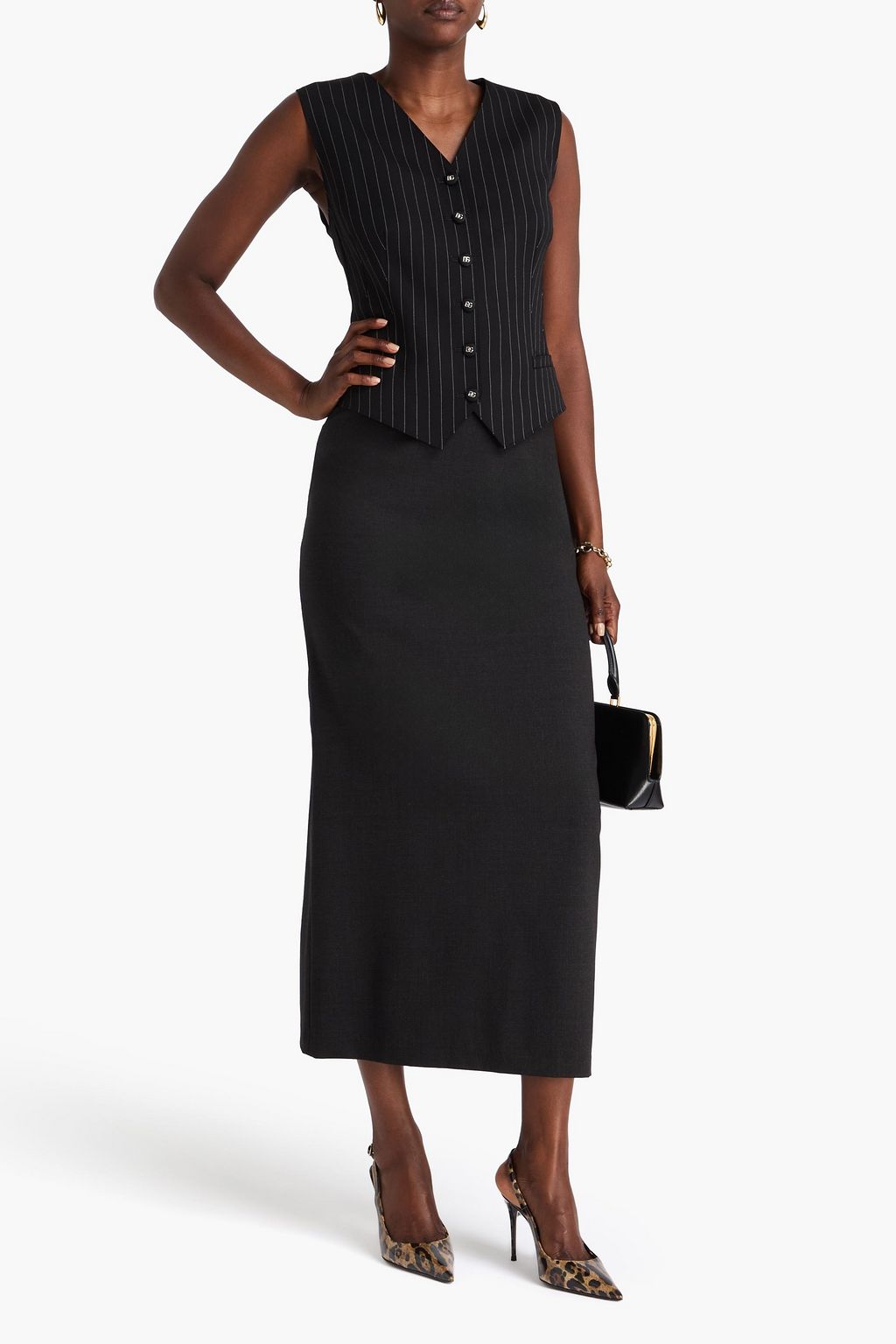DOLCE&GABBANA Leopard-print satin and pinstriped twill vest