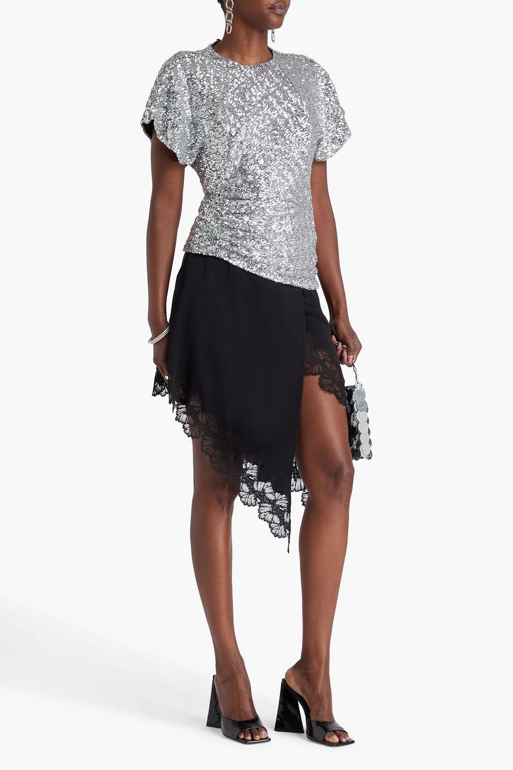 RABANNE Ruched sequined mesh top