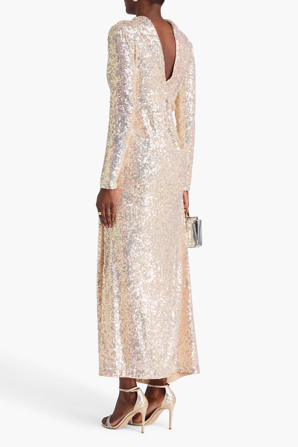 NEEDLE & THREAD Ruched sequined mesh midi dress