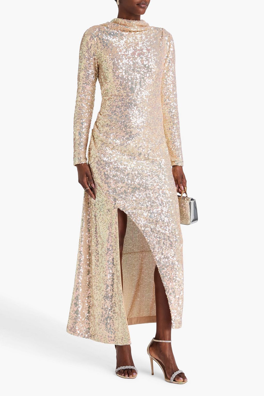 NEEDLE & THREAD Ruched sequined mesh midi dress