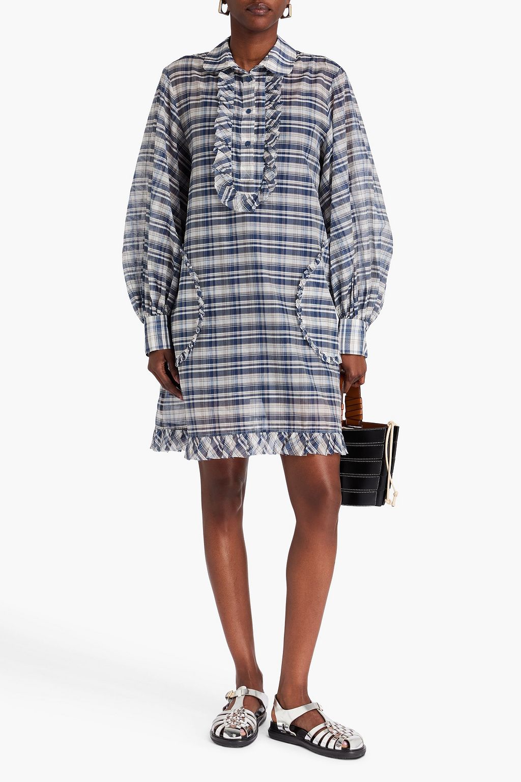 LEE MATHEWS Paley Hemdkleid in Minilänge aus einer Baumwoll-Seidenmischung mit Rüschen und Karomuster