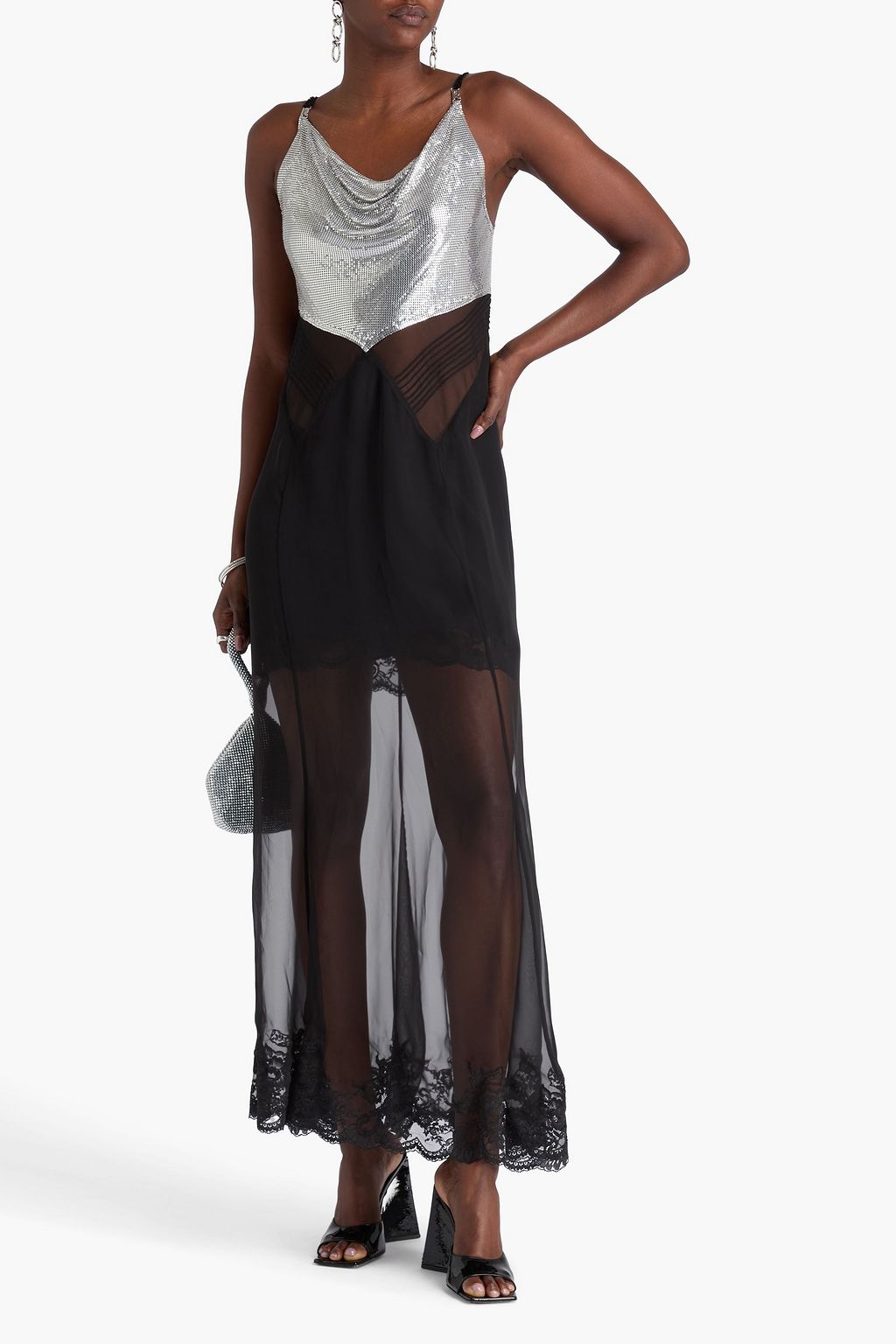 RABANNE Lace-trimmed chainmail-paneled organza maxi dress
