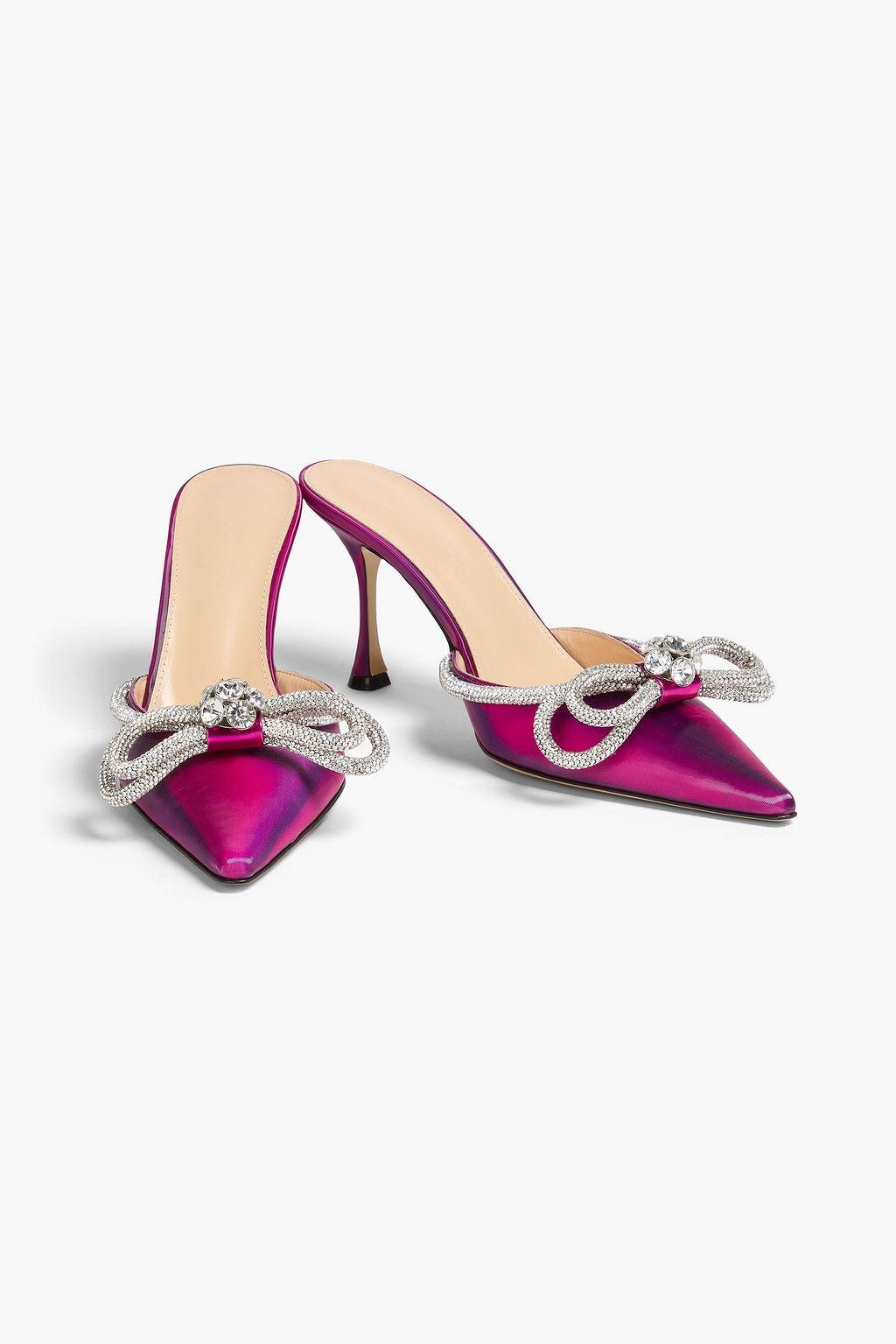 MACH & MACH Double Bow crystal-embellished iridescent leather mules