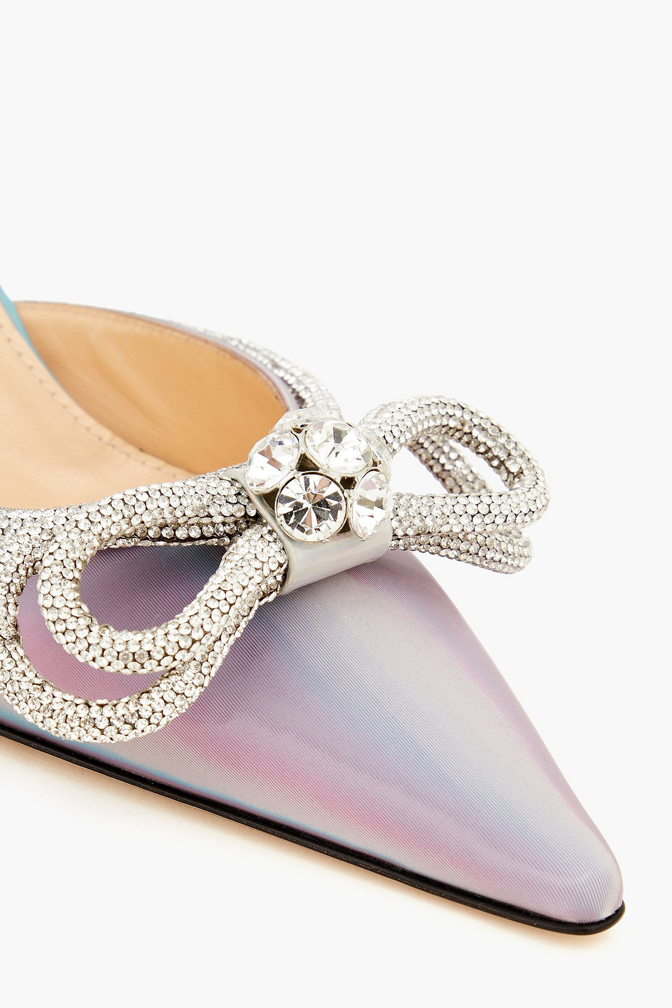 MACH&MACH DOUBLE BOW CRYSTAL-EMBELLISHED IRIDESCENT LEATHER MULES