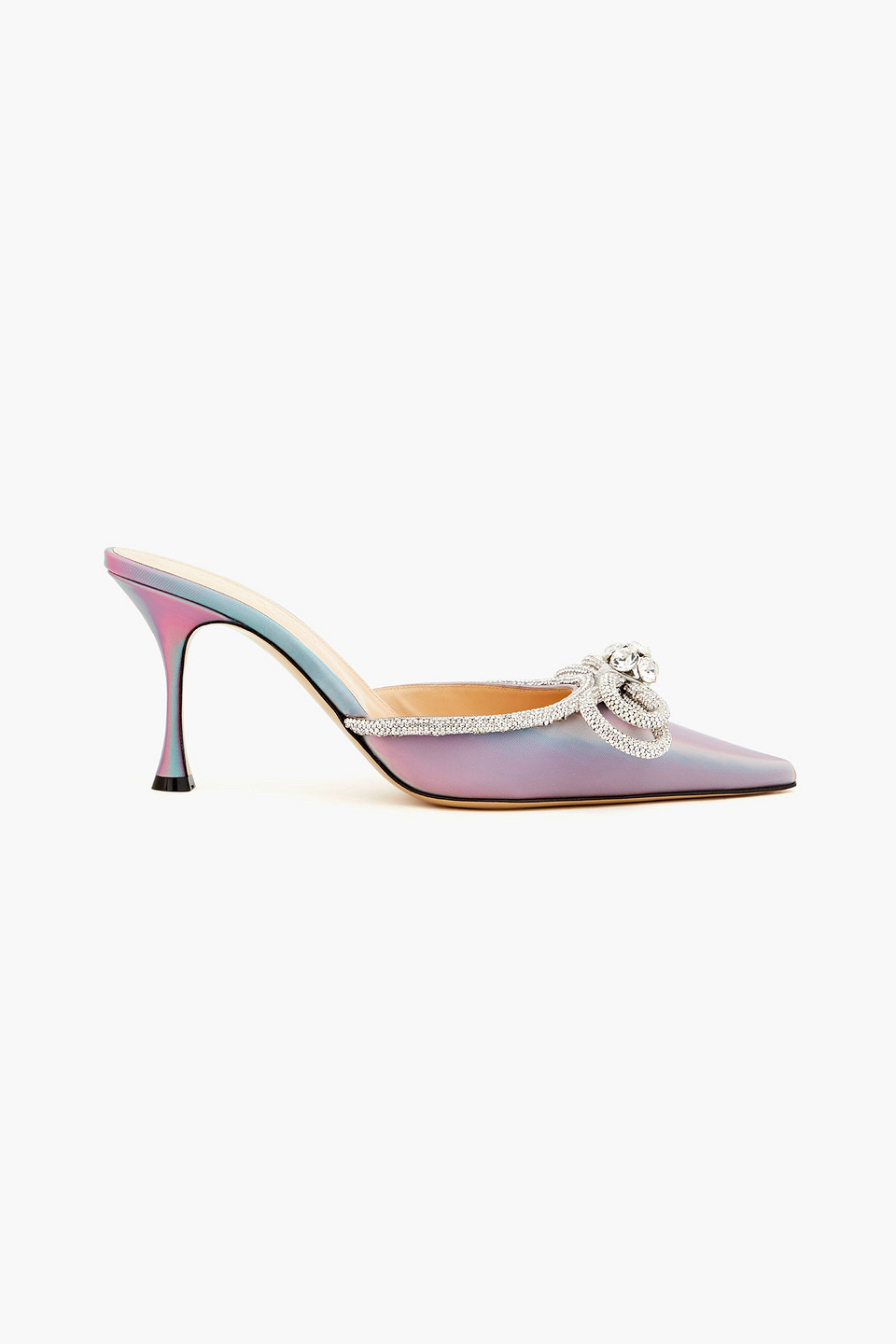 MACH&MACH DOUBLE BOW CRYSTAL-EMBELLISHED IRIDESCENT LEATHER MULES