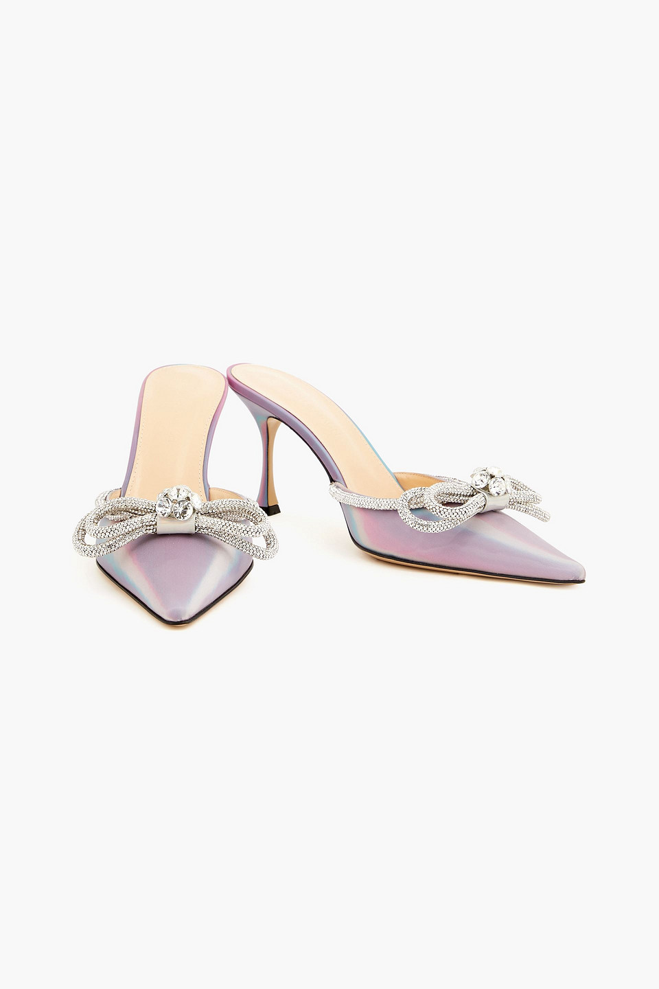 MACH&MACH DOUBLE BOW CRYSTAL-EMBELLISHED IRIDESCENT LEATHER MULES