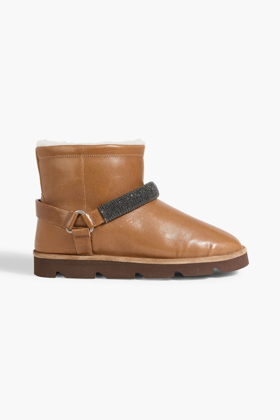 Brunello Cucinelli Shearling-lined Bead-embellished Leather Ankle Boots In Brown