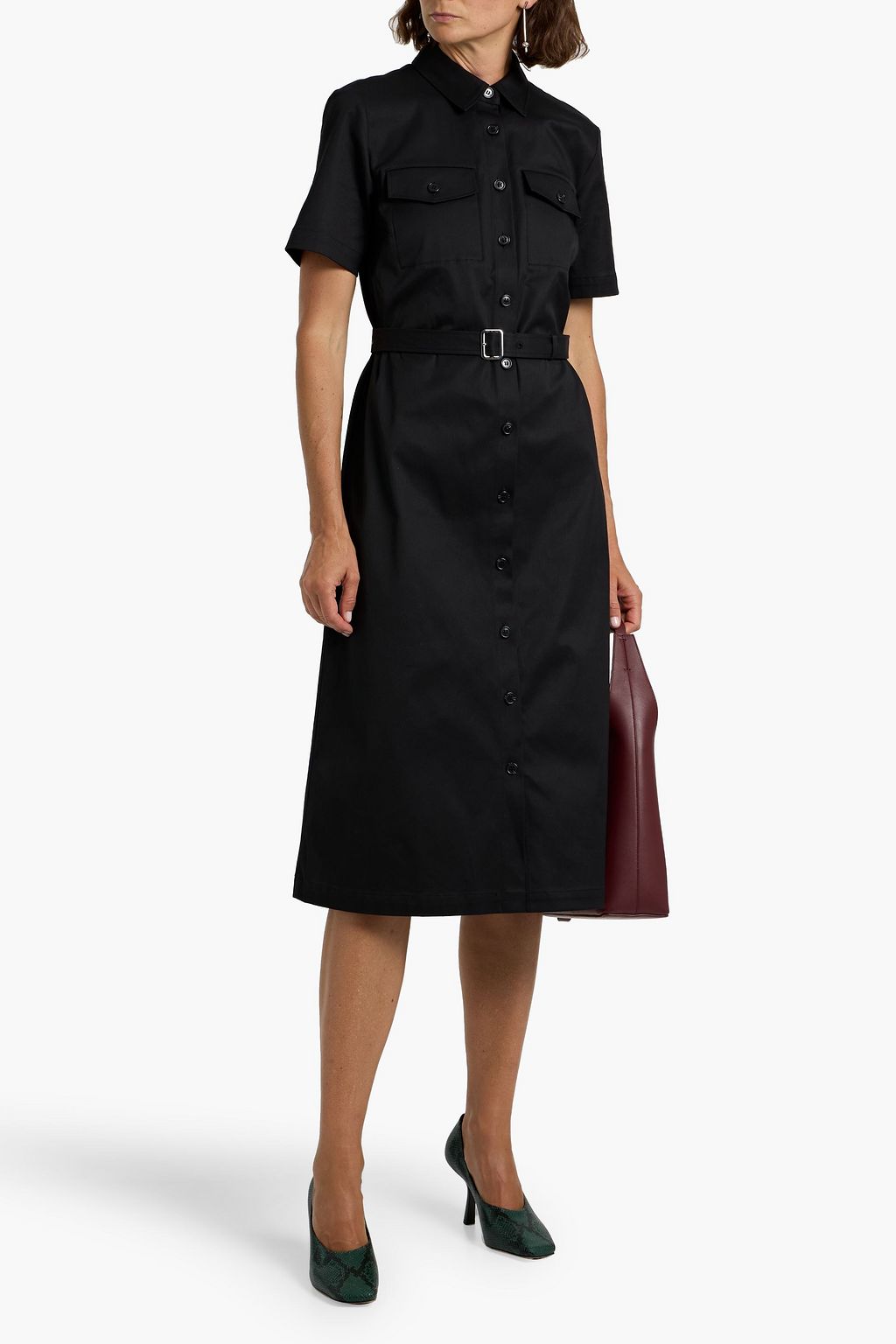 THEORY Belted cotton-blend twill midi shirt dress