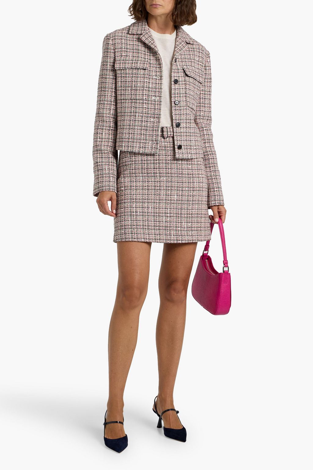 THEORY Belted cotton-blend tweed mini skirt