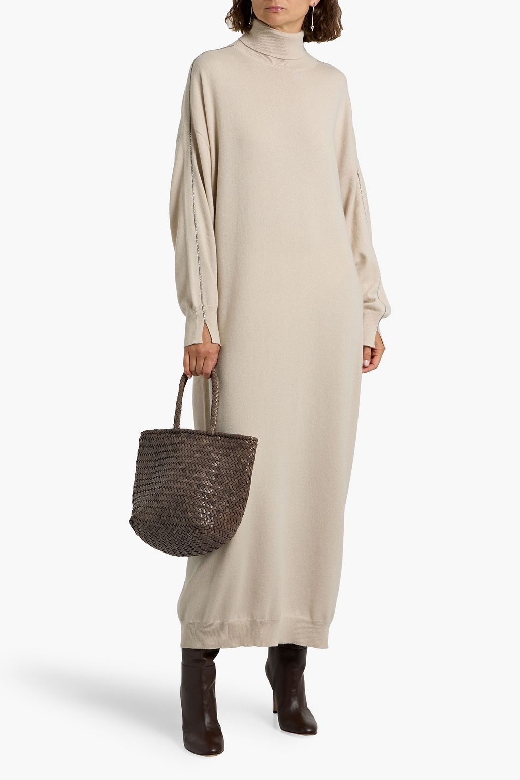 BRUNELLO CUCINELLI Bead-embellished cashmere turtleneck maxi dress
