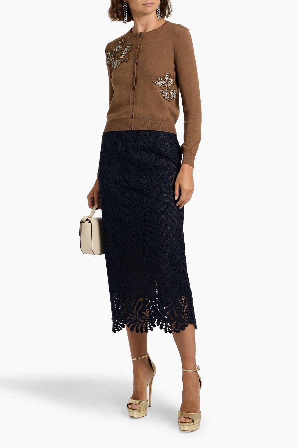 OSCAR DE LA RENTA Wool-blend guipure lace midi skirt