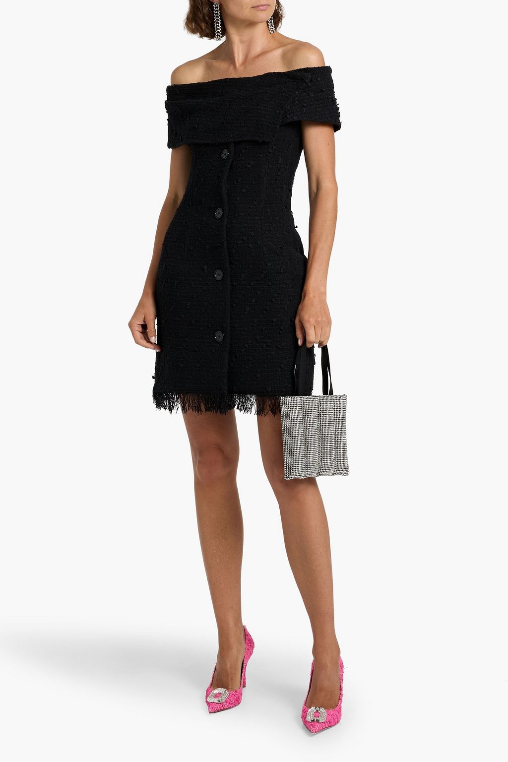 OSCAR DE LA RENTA Off-the-shoulder cotton-blend bouclé-tweed mini dress