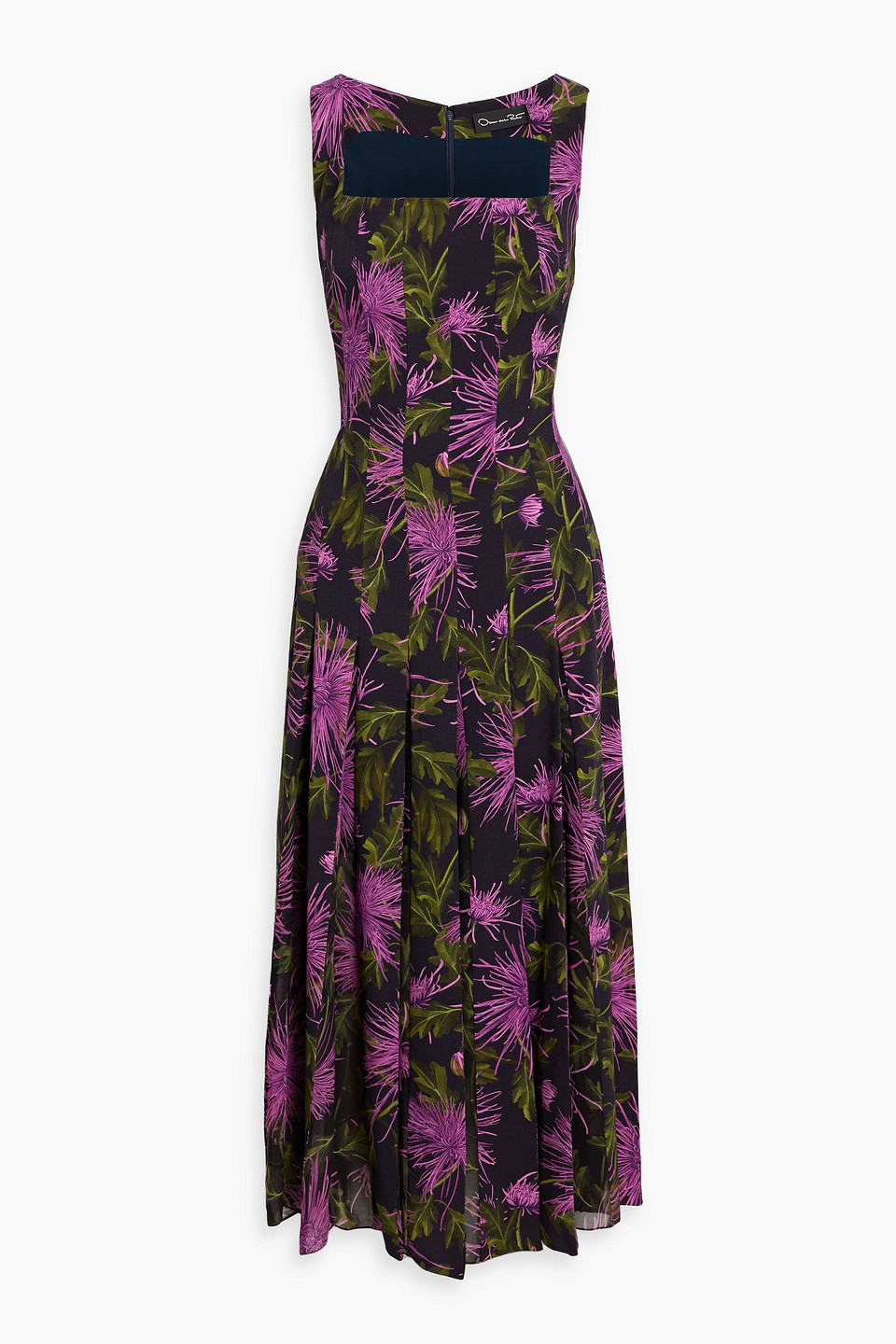 Oscar De La Renta Pleated Floral-print Chiffon And Crepe Midi Dress In Blue