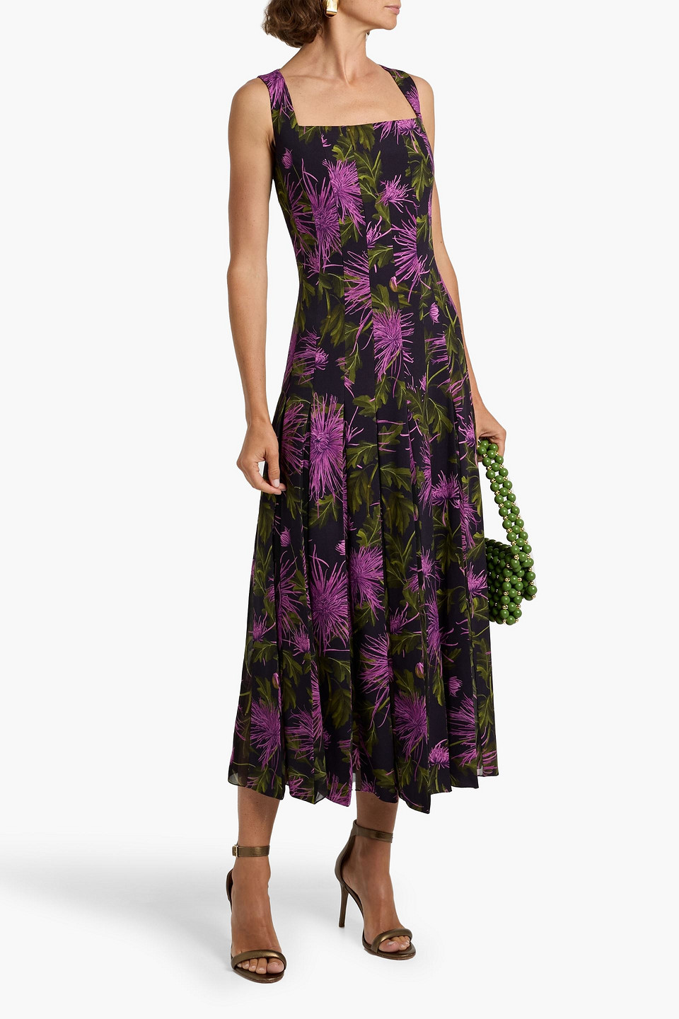 Oscar De La Renta Pleated Floral-print Chiffon And Crepe Midi Dress In Blue