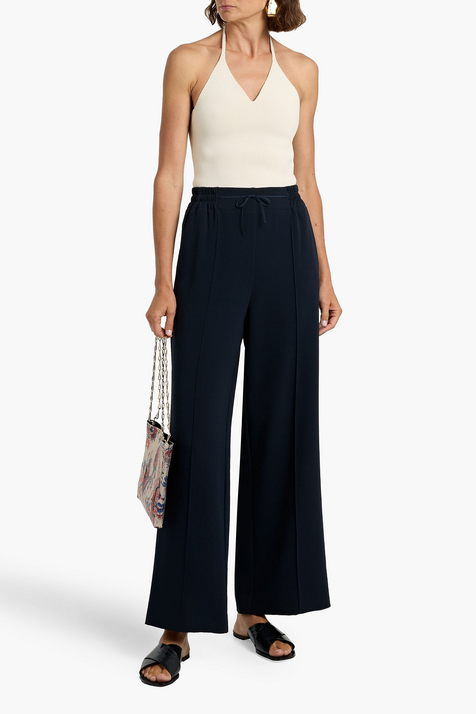 Oscar De La Renta Stretch-silk Wide-leg Pants In Navy