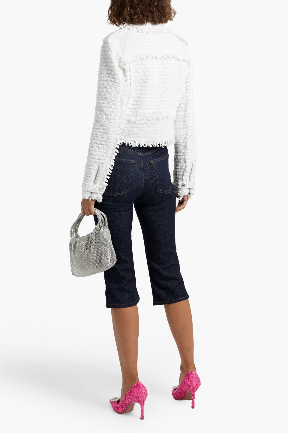 Oscar De La Renta Frayed Cotton-blend Tweed Biker Jacket In White