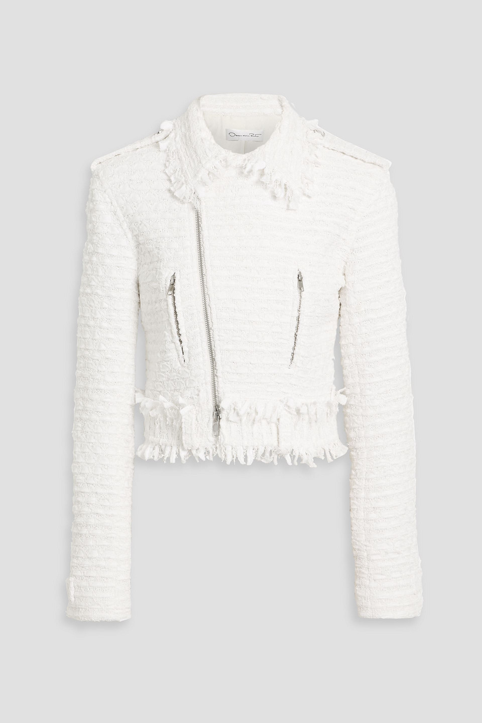 Oscar De La Renta Frayed Cotton-blend Tweed Biker Jacket In White