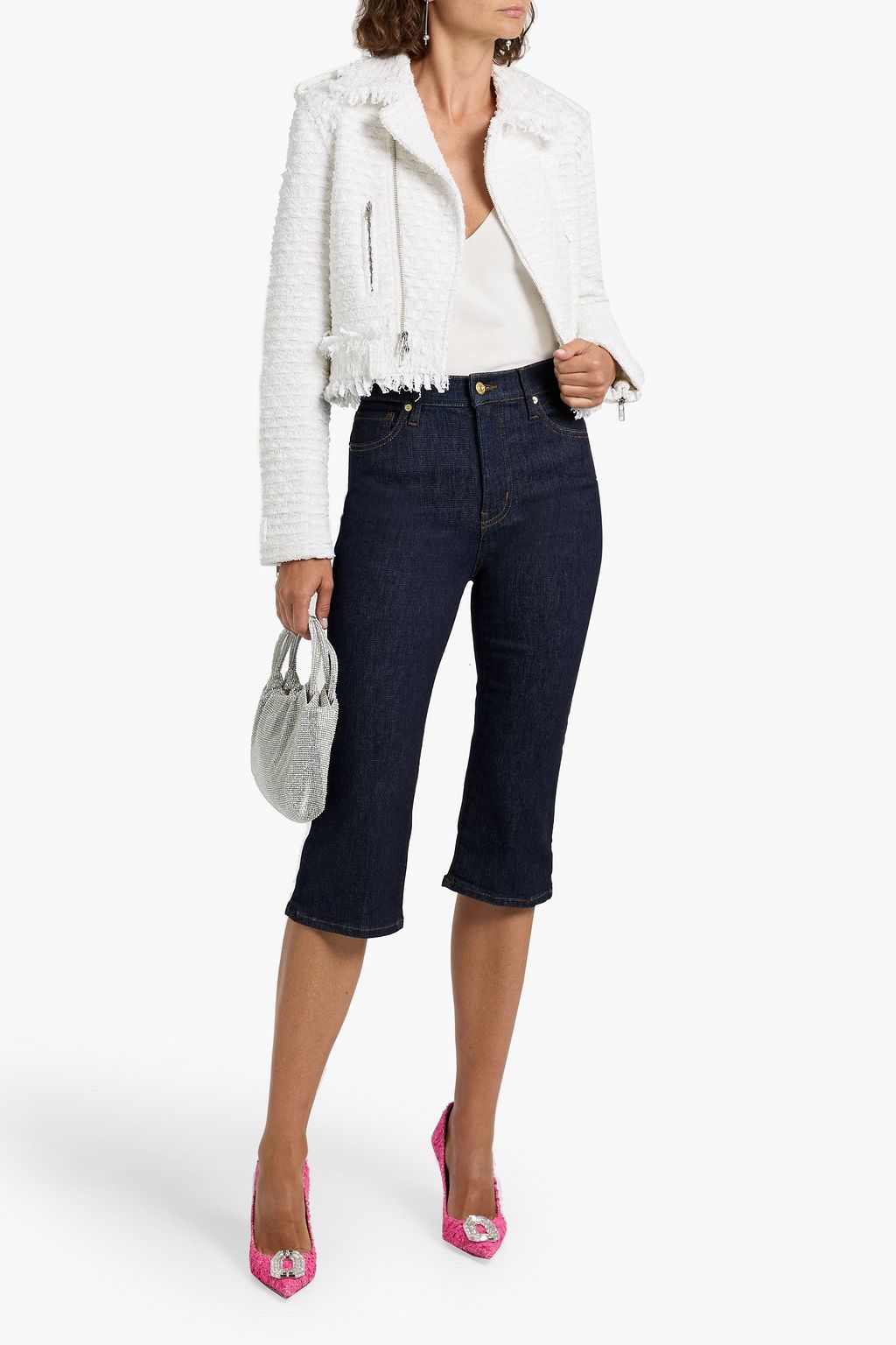 OSCAR DE LA RENTA Frayed cotton-blend tweed biker jacket