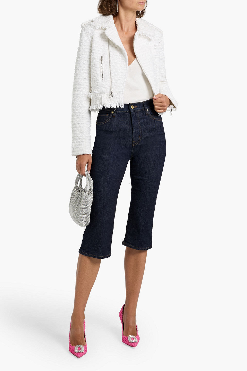 Oscar De La Renta Frayed Cotton-blend Tweed Biker Jacket In White