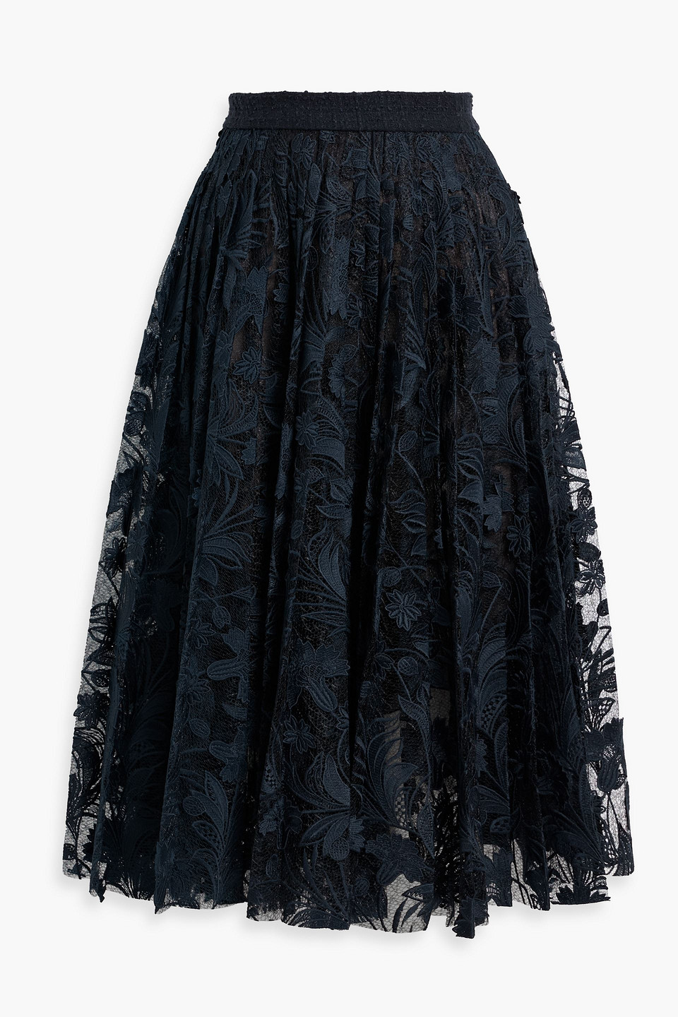 Oscar De La Renta Pleated Guipure Lace Midi Skirt In Navy