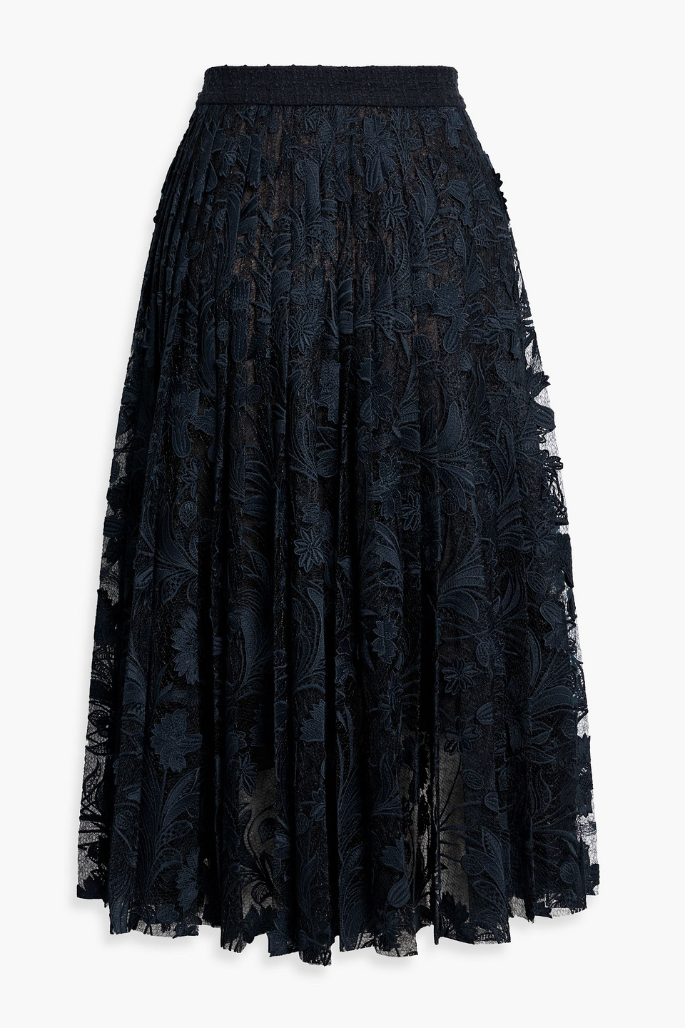 Oscar De La Renta Pleated Guipure Lace Midi Skirt In Navy