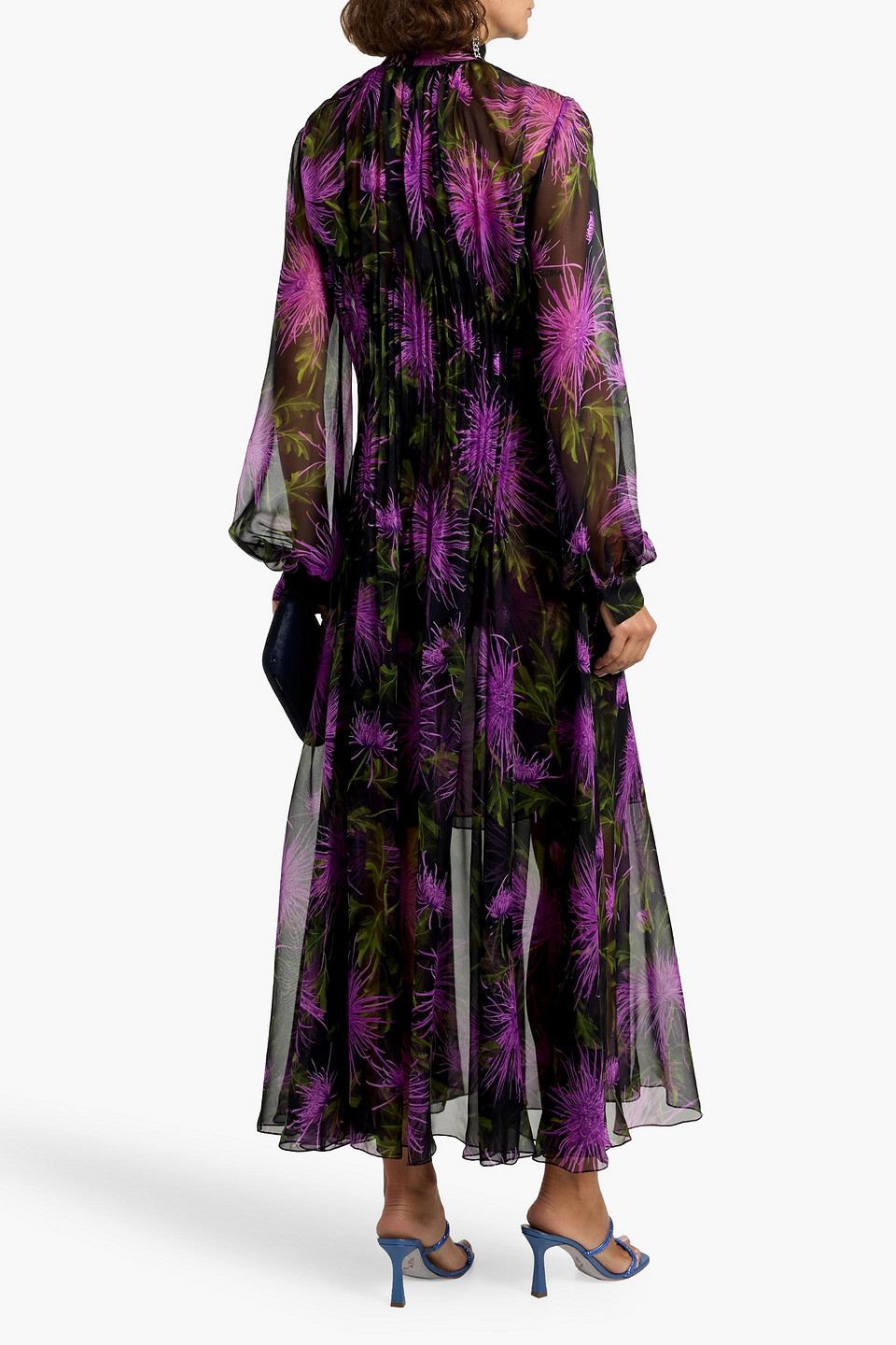Oscar De La Renta Pussy-bow Pleated Floral-print Silk-chiffon Maxi Dress In Purple