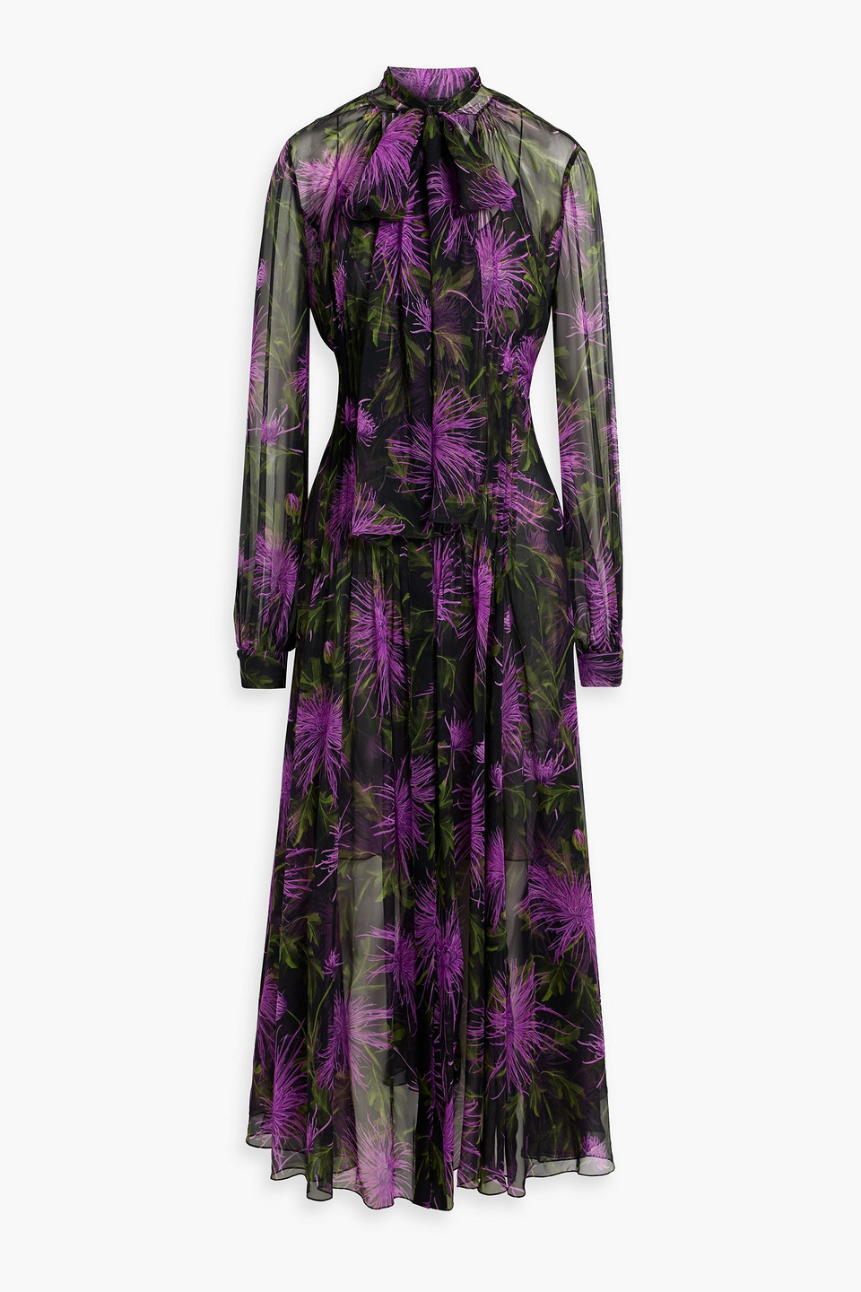 Oscar De La Renta Pussy-bow Pleated Floral-print Silk-chiffon Maxi Dress In Purple