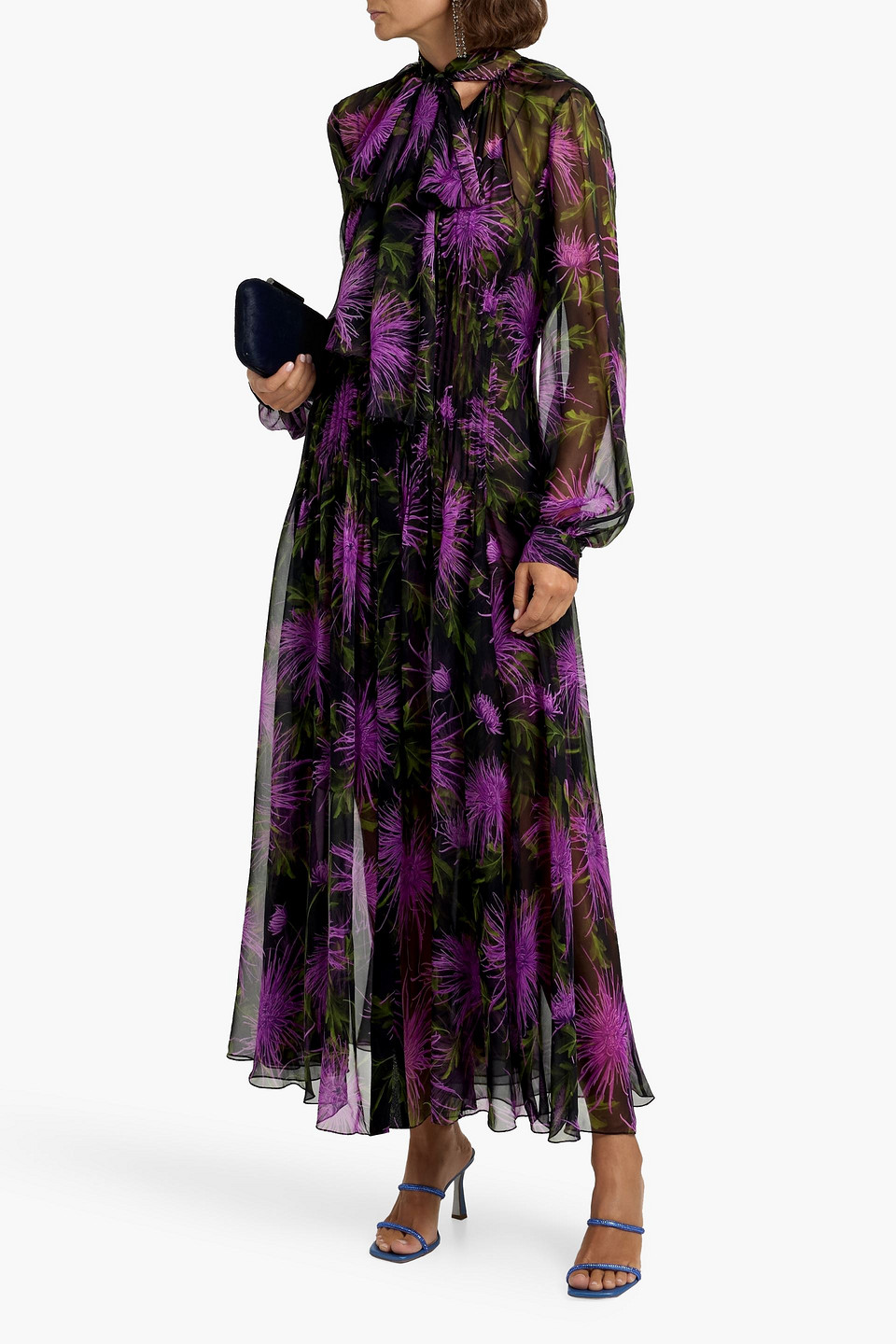 Oscar De La Renta Pussy-bow Pleated Floral-print Silk-chiffon Maxi Dress In Purple