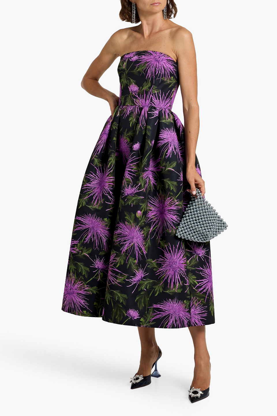 Oscar De La Renta Strapless Floral-print Faille Gown In Blue