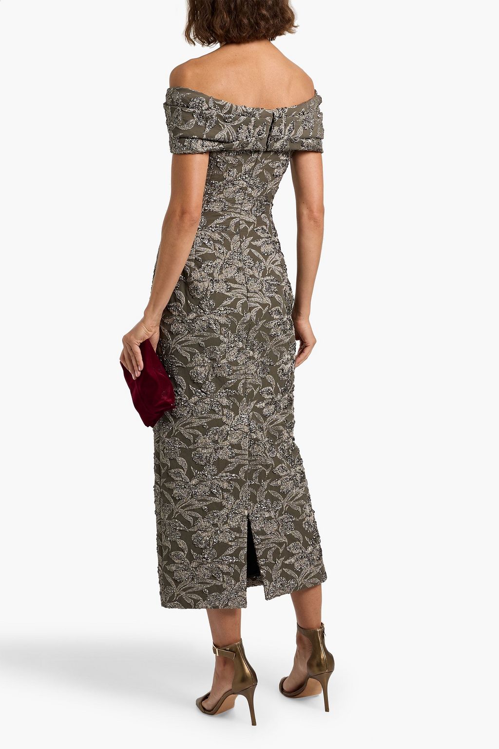 OSCAR DE LA RENTA Off-the-shoulder metallic brocade midi dress