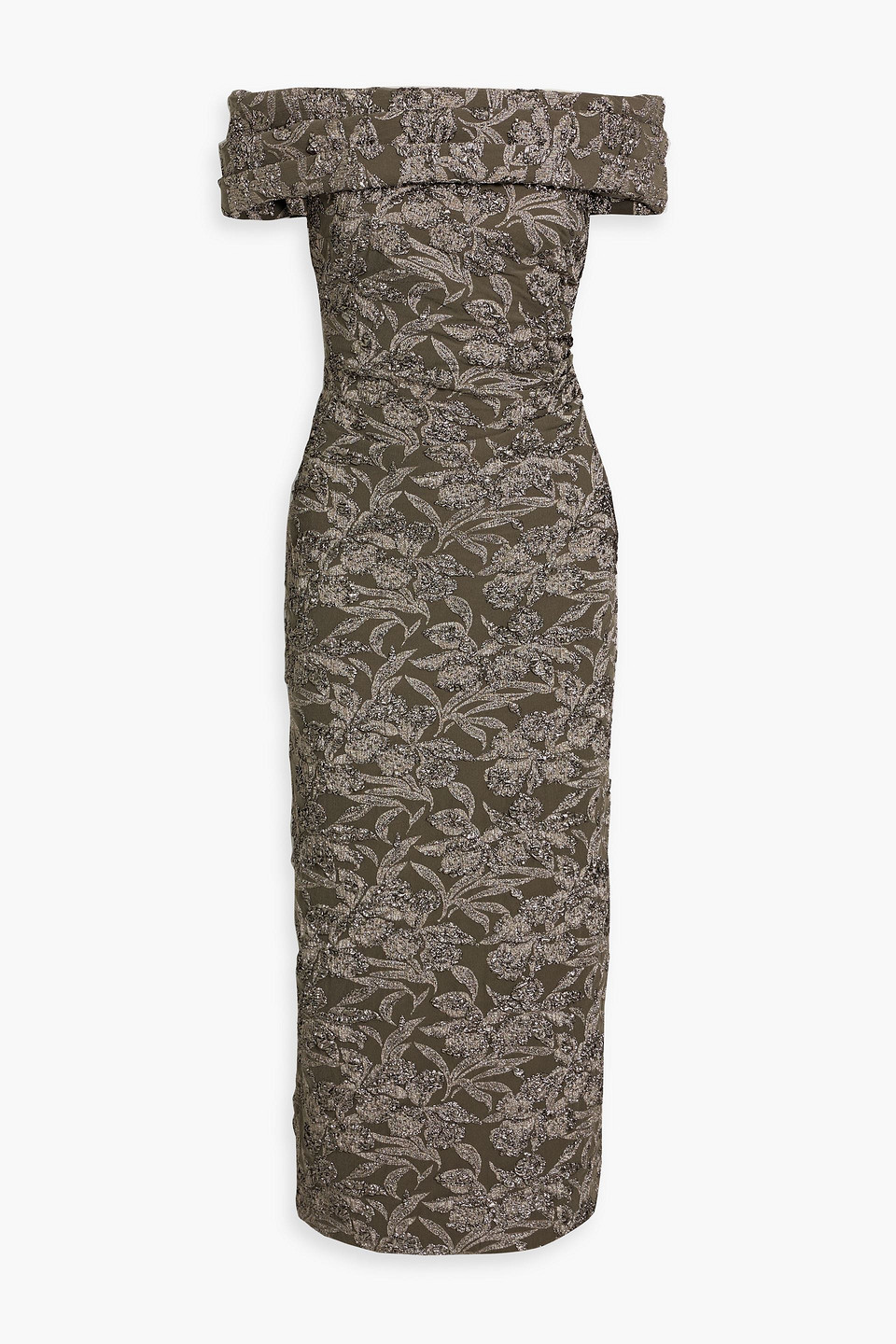 Oscar De La Renta Off-the-shoulder Metallic Brocade Midi Dress In Gray