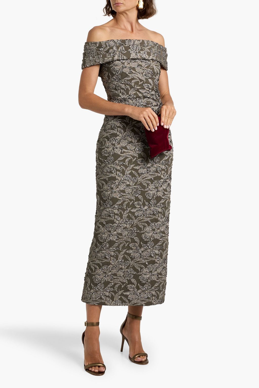 OSCAR DE LA RENTA Off-the-shoulder metallic brocade midi dress