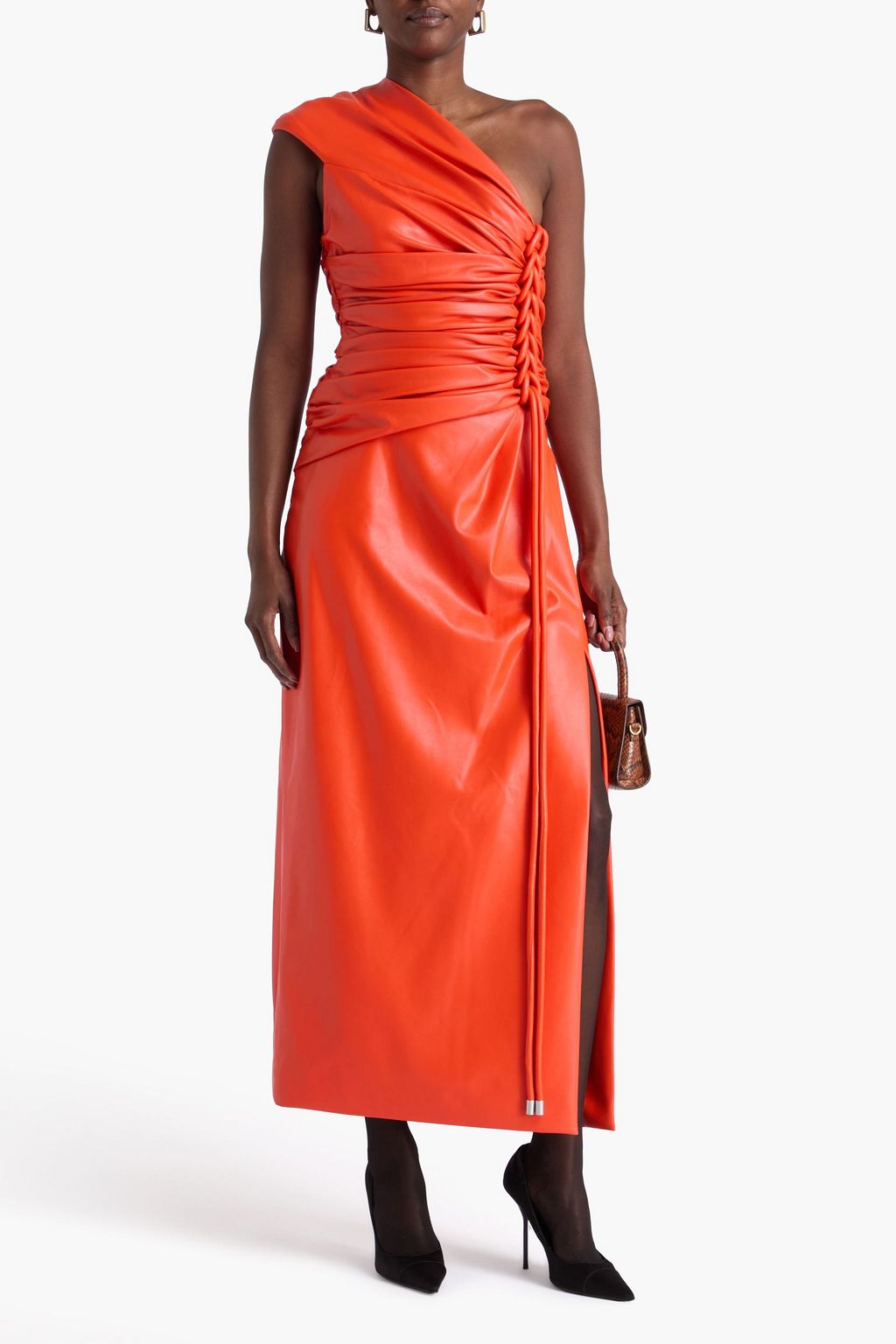 SIMKHAI Orson Midikleid mit asymmetrischer Schulterpartie und Raffungen