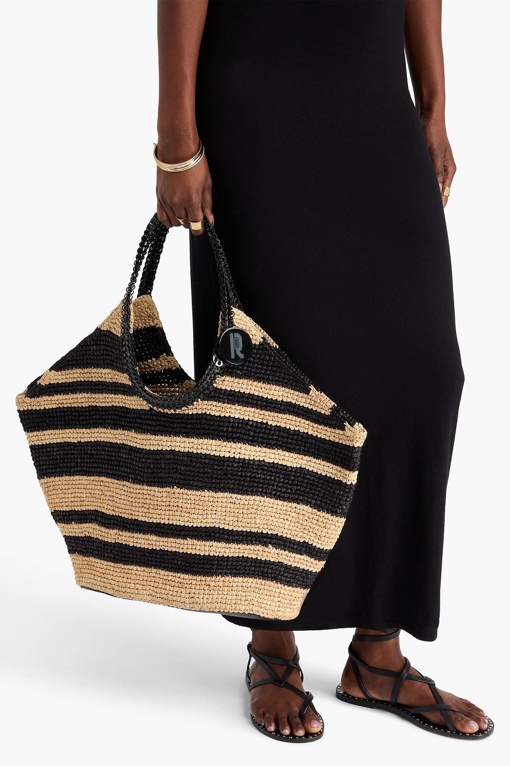 RABANNE Striped leather and raffia tote