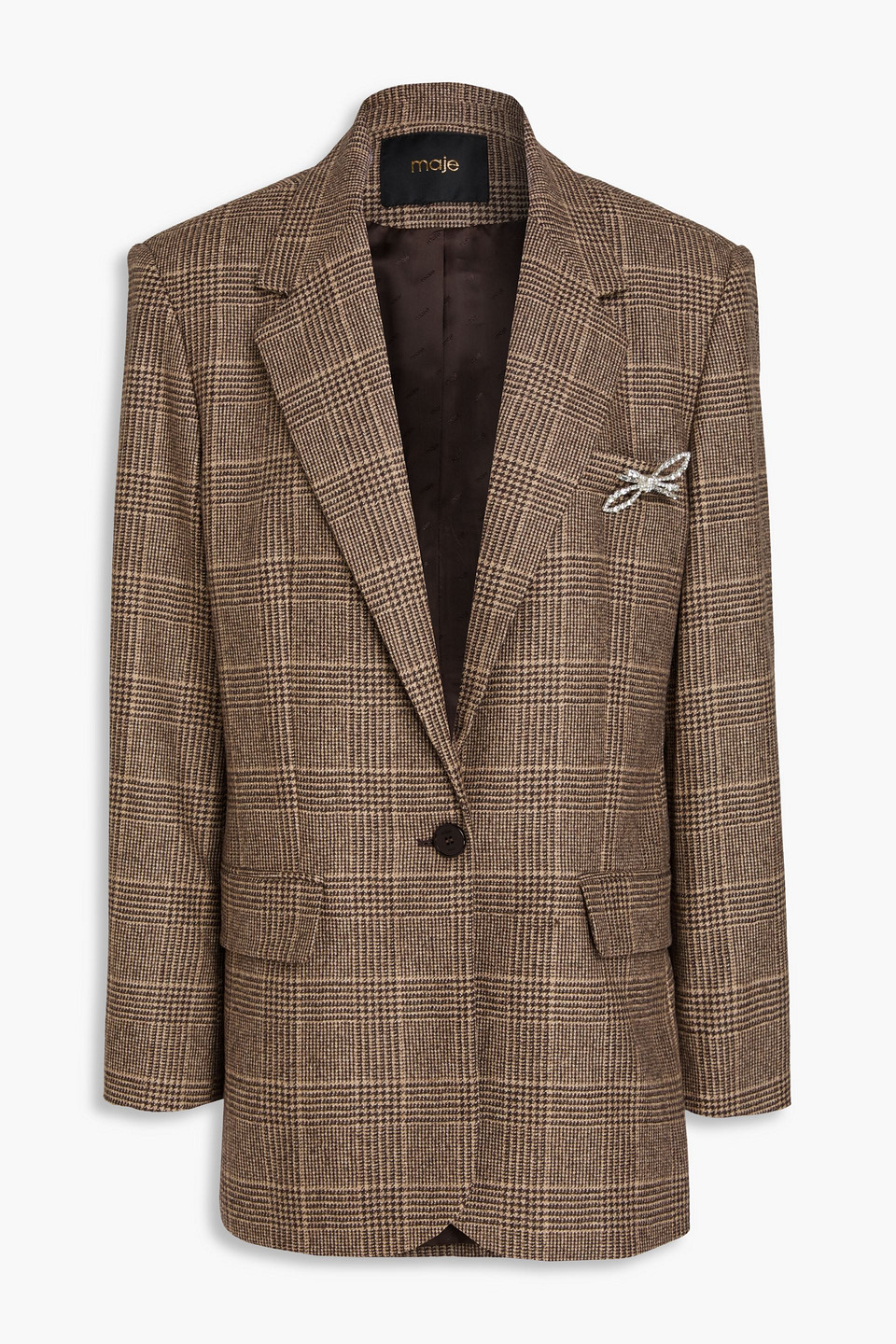 Maje Embellished Checked Tweed Blazer In Burgundy