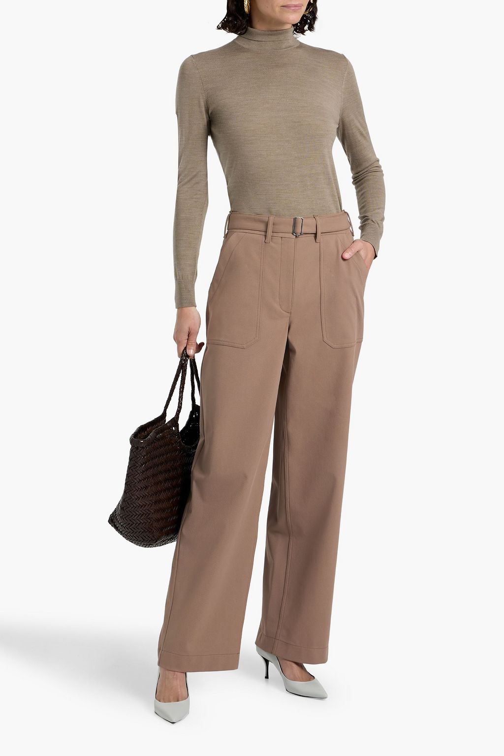 THEORY Belted cotton-blend twill wide-leg pants