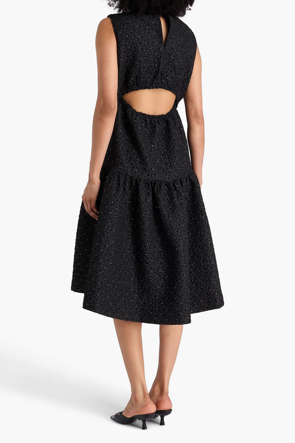 MAJE Crystal-embellished tiered cloqué midi dress