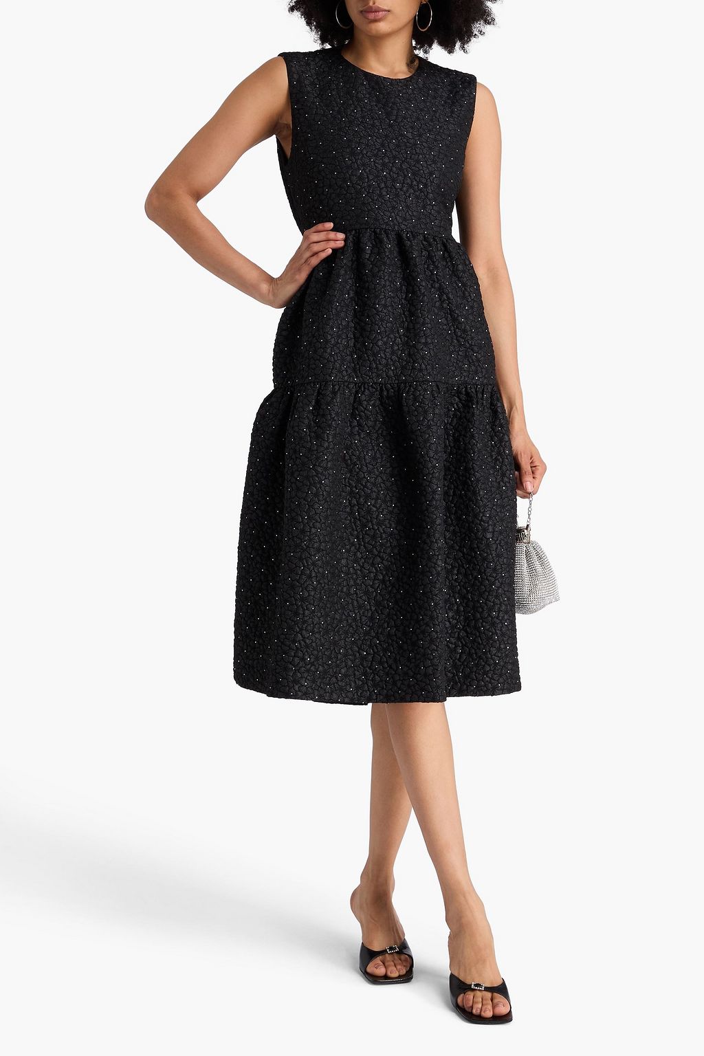 MAJE Crystal-embellished tiered cloqué midi dress