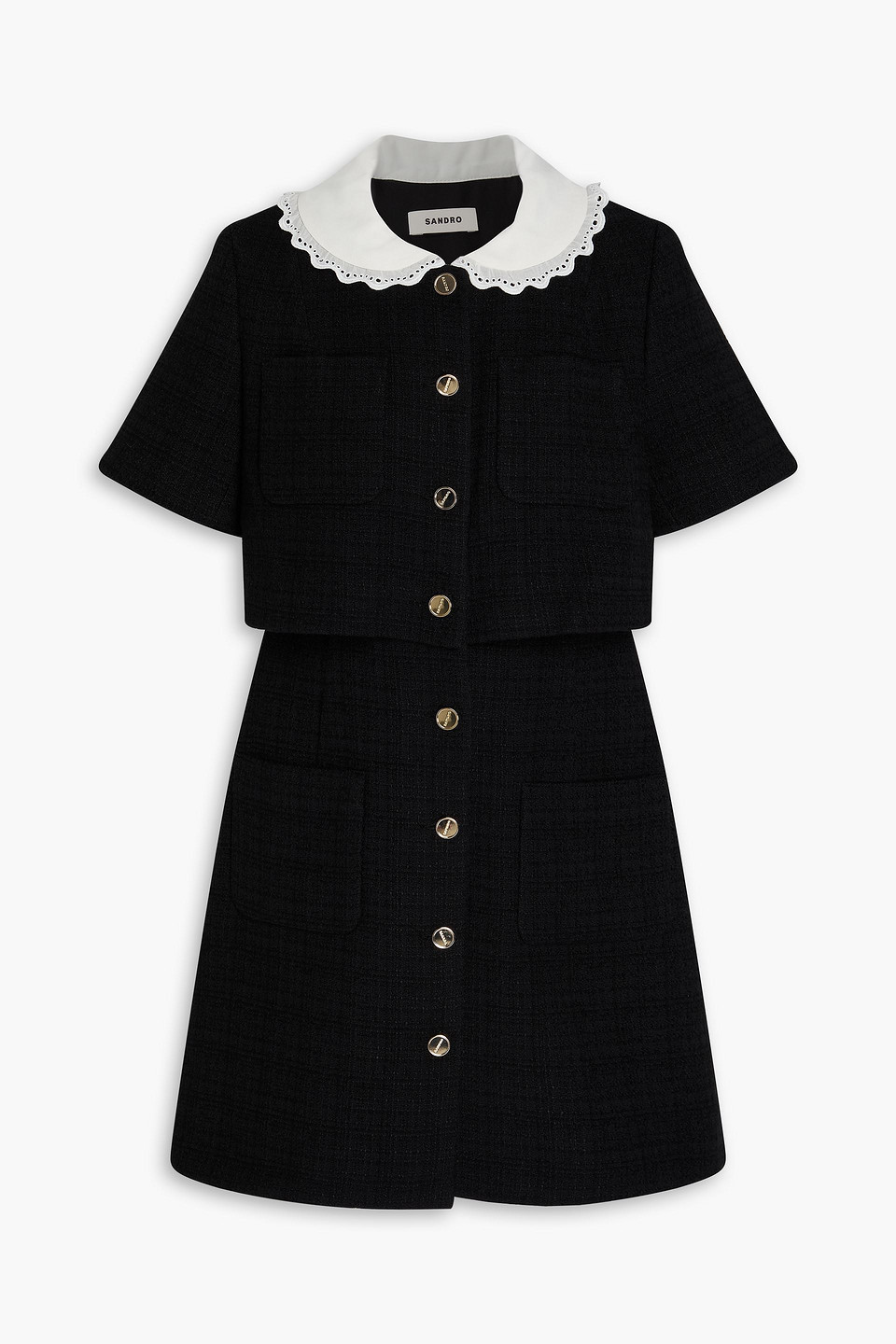Sandro Broderie Anglaise-trimmed Tweed Mini Shirt Dress In Black