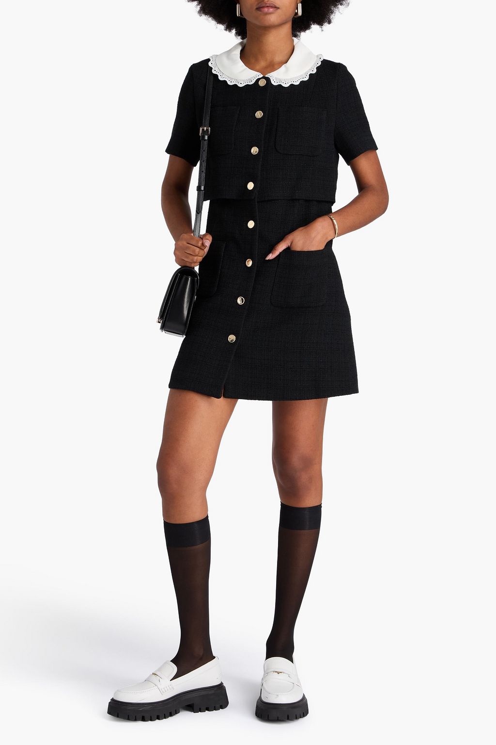 SANDRO Broderie anglaise-trimmed tweed mini shirt dress