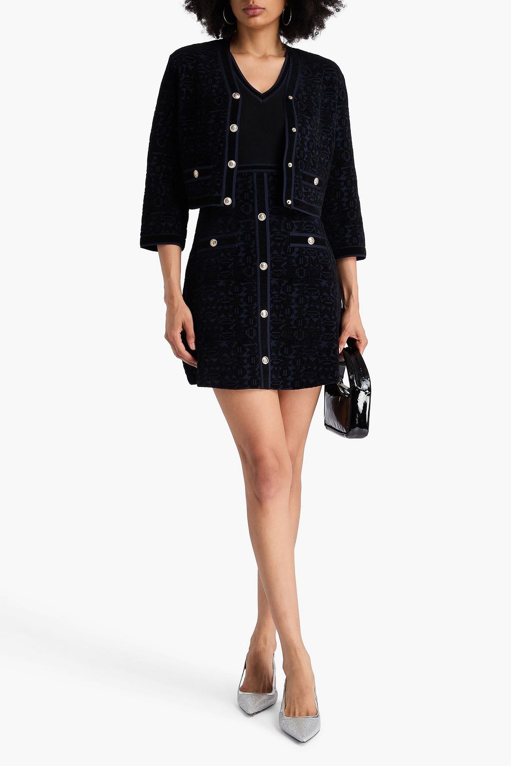 MAJE Jacquard-knit velvet mini dress and vest set